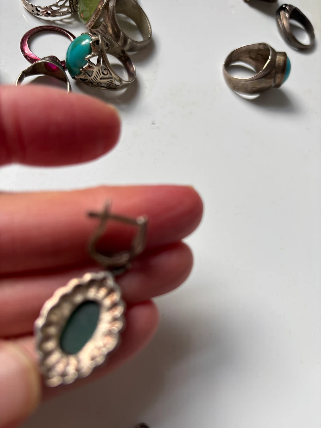 Silver Drop Earrings with Green Stone - photo 2