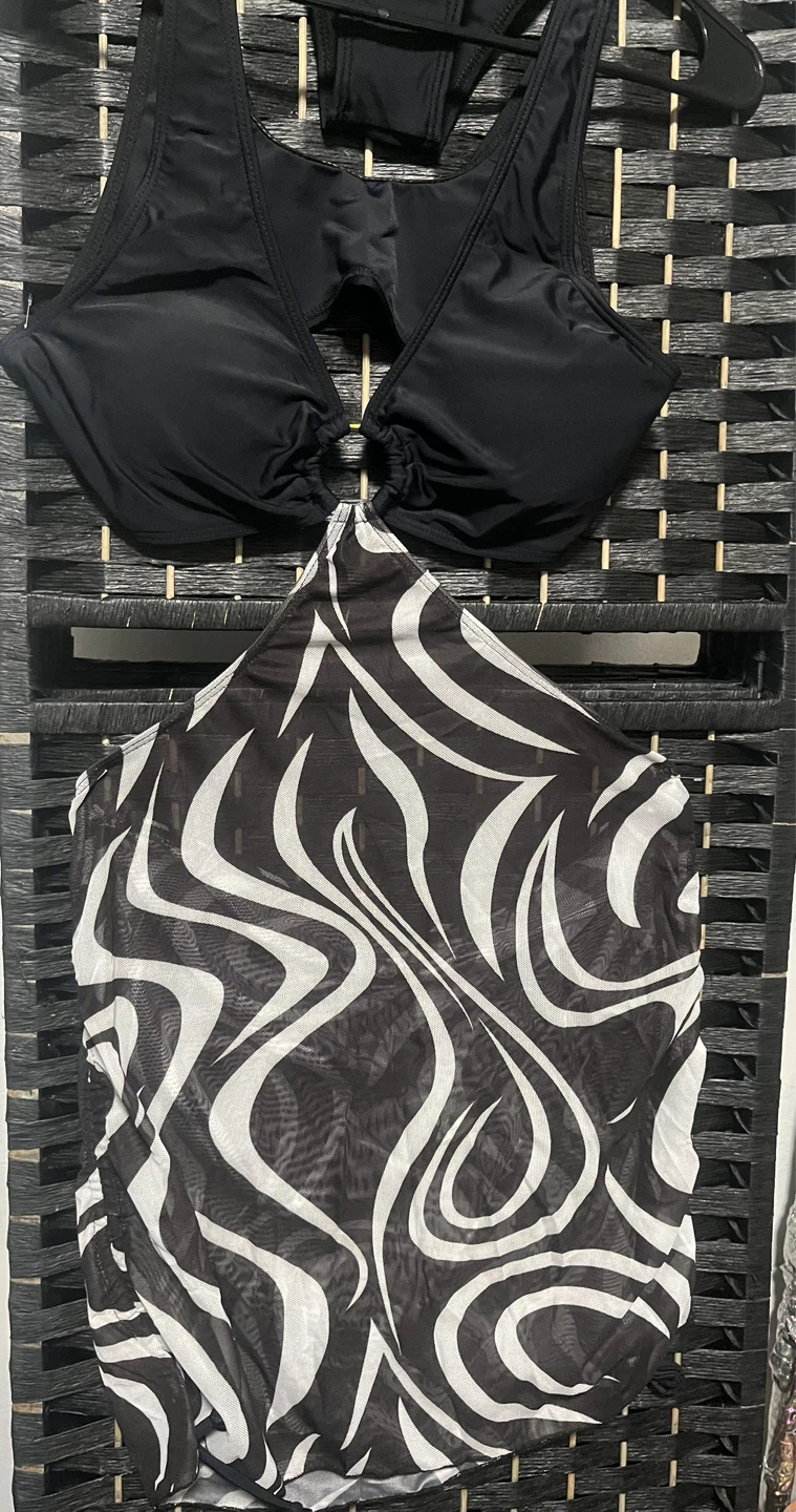 Black 3-Piece Bikini Set with Zebra Print Cover-Up - photo 2