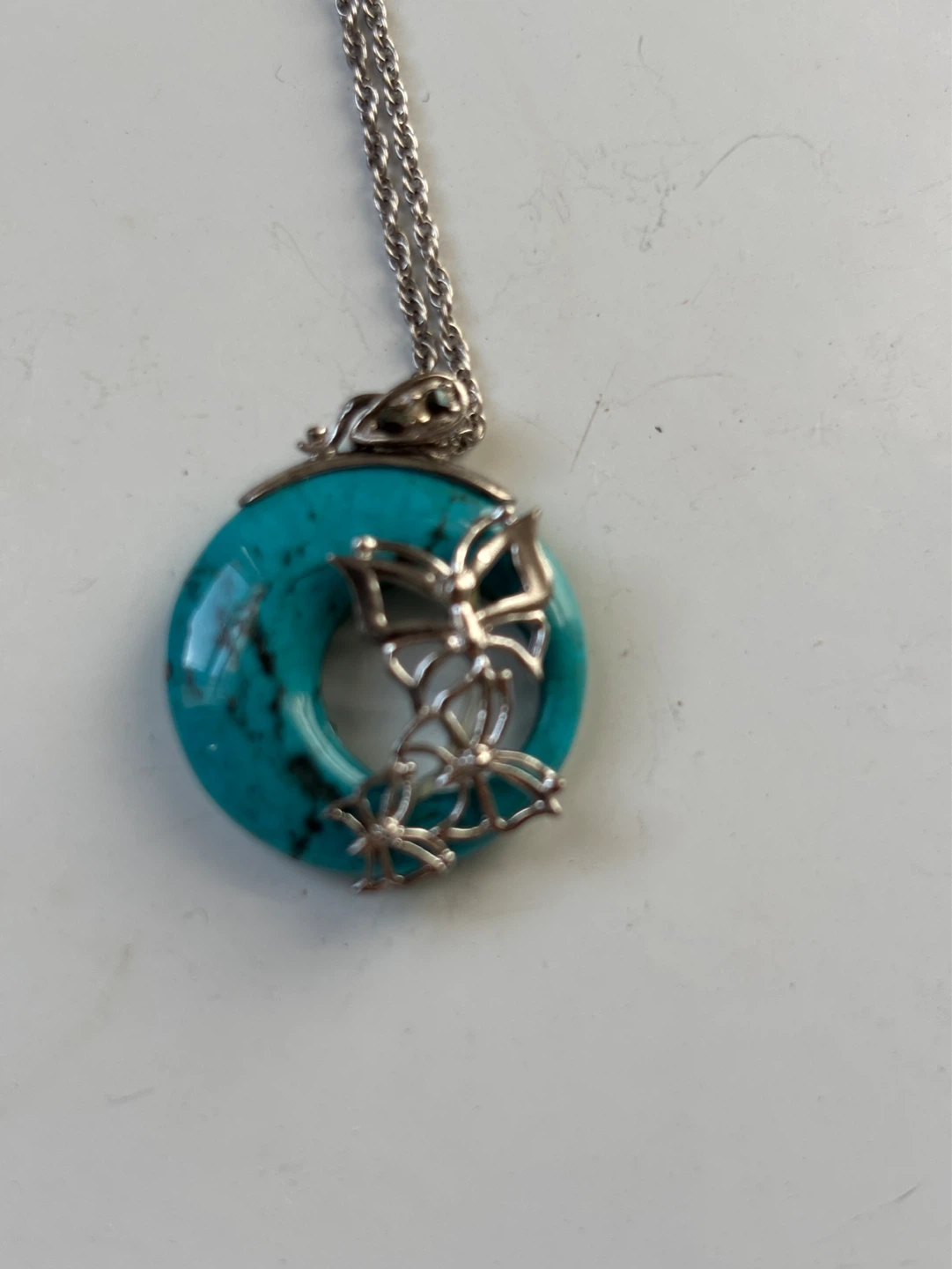 Turquoise and Silver Tone Pendant Necklace with Butterfly Detail