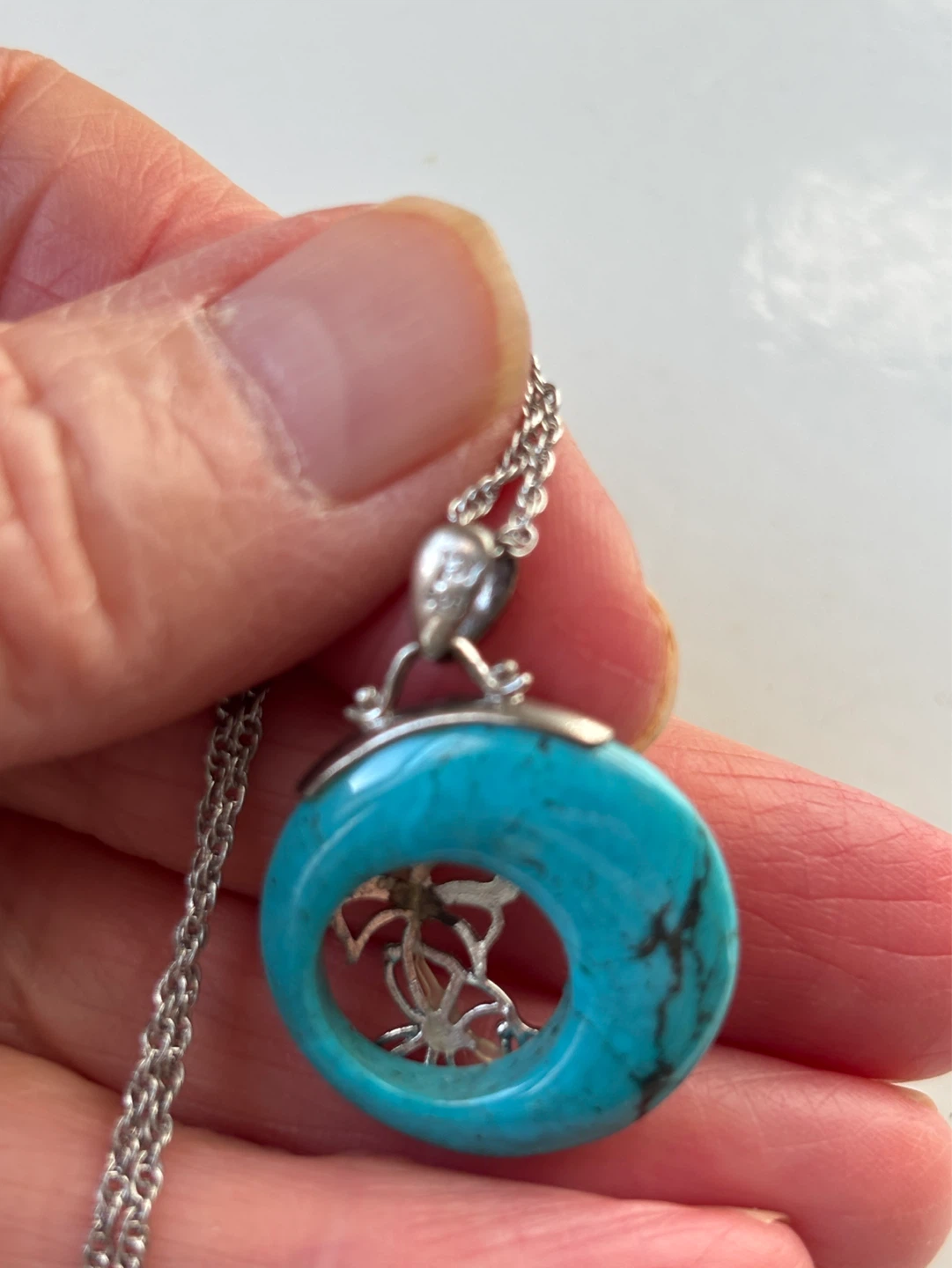 Turquoise and Silver Tone Pendant Necklace with Butterfly Detail - photo 3