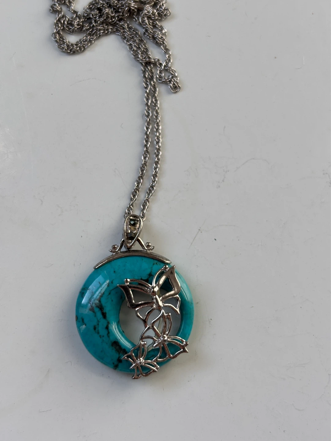 Turquoise and Silver Tone Pendant Necklace with Butterfly Detail - photo 2
