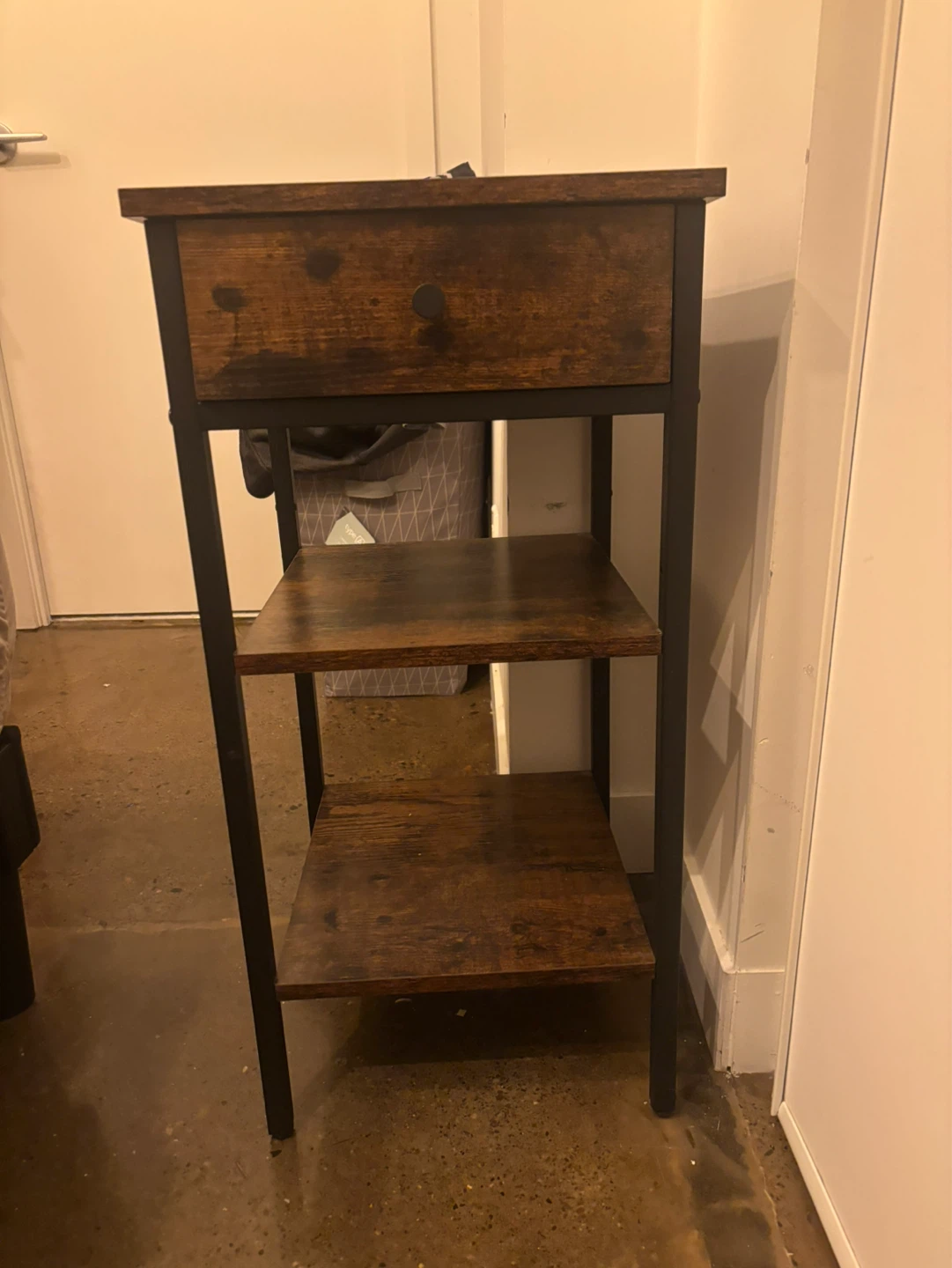 Rustic Wood and Metal Narrow Shelf Unit with Drawer