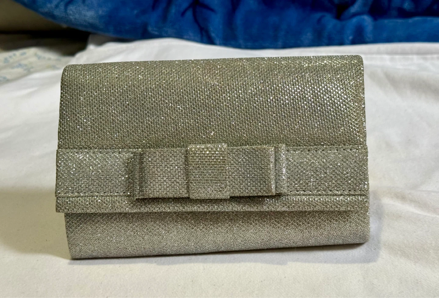 Sparkly Silver Clutch with Bow and Chain Strap