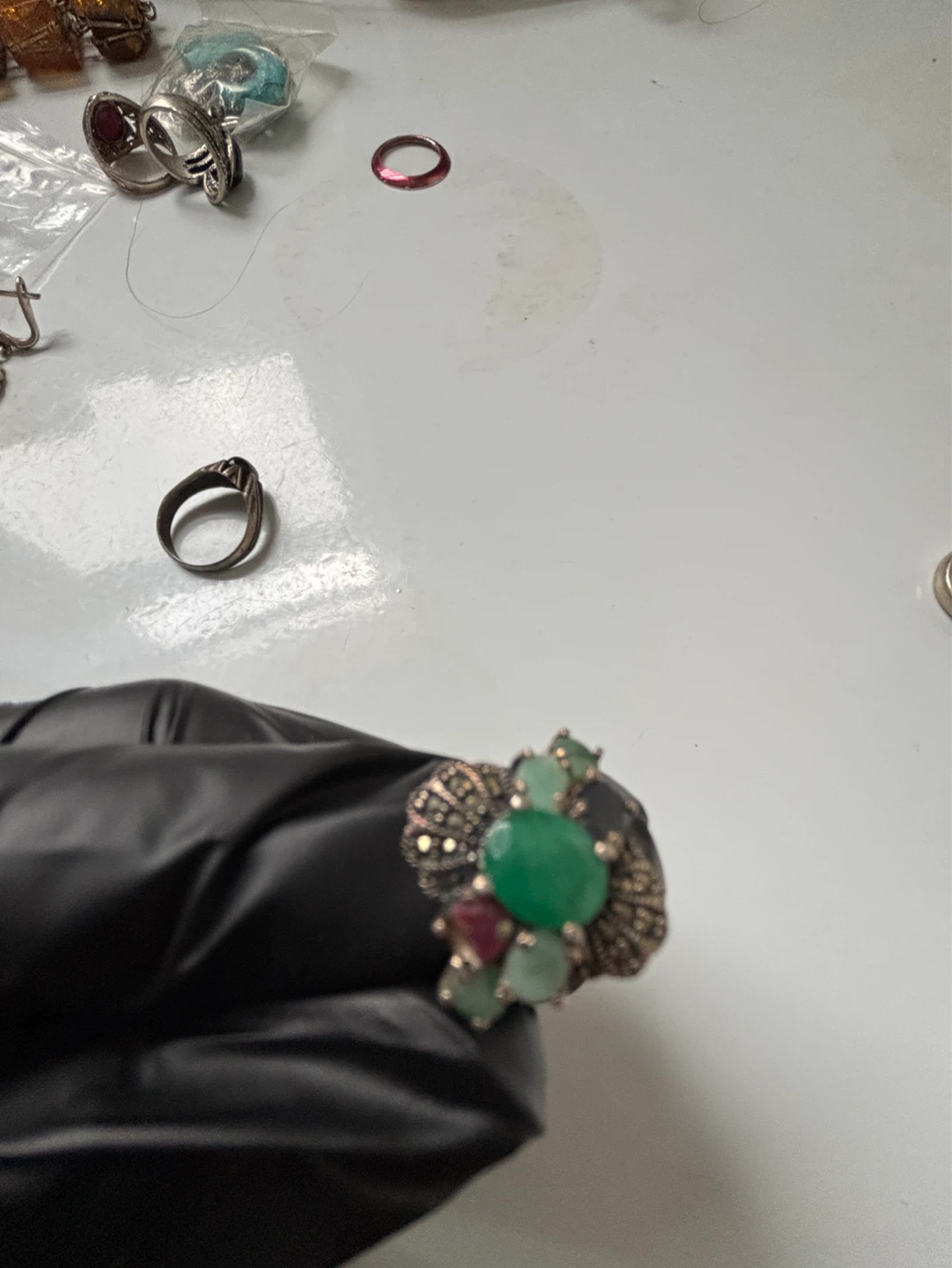 Emerald and Ruby Ring with Marcasite Accents