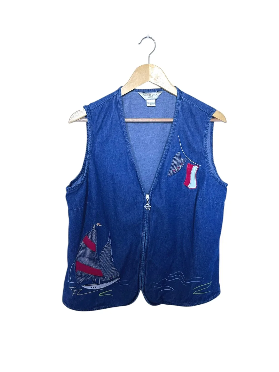 Vintage Allison Daley Petite Denim Vest Nautical Sailboat