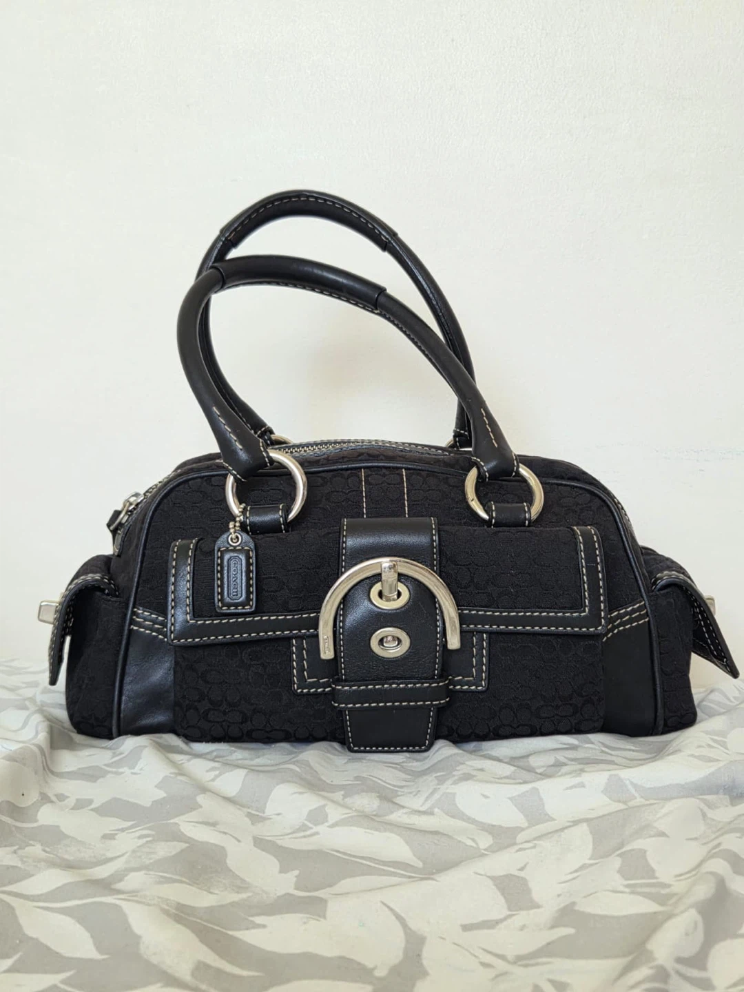 Coach Black Signature Monogram Canvas Leather Trim Handbag