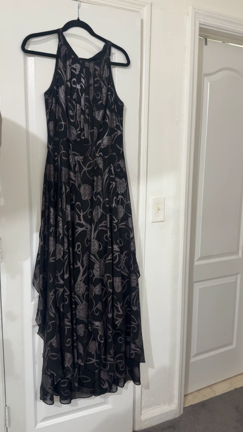 Black Sleeveless Dress with Metallic Leaf Print