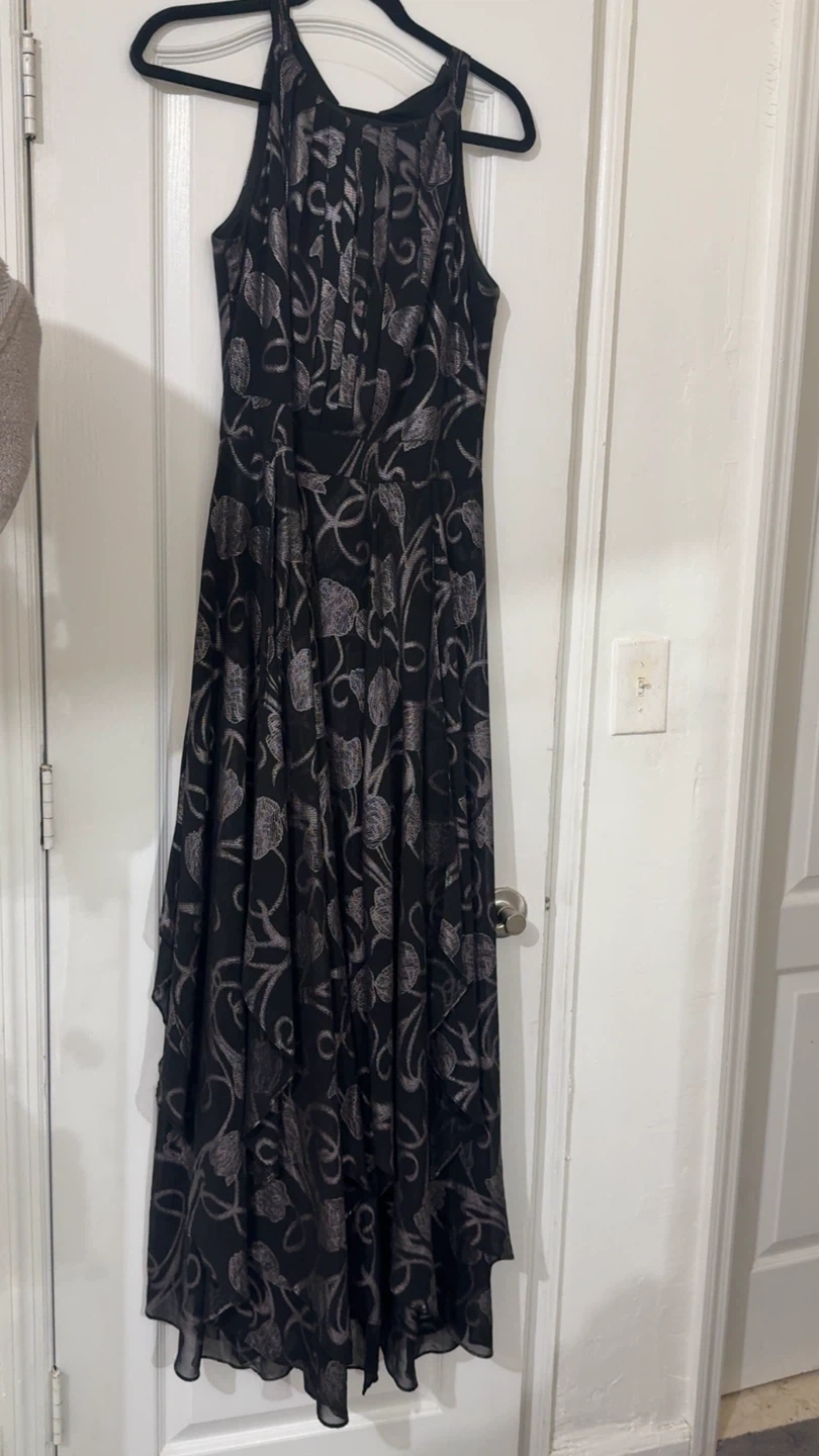 Black Sleeveless Dress with Metallic Leaf Print - photo 3