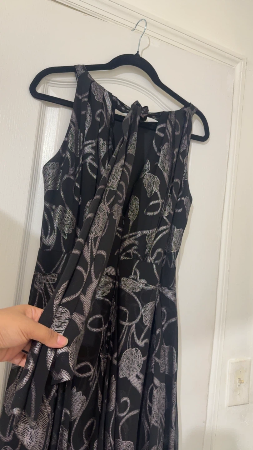 Black Sleeveless Dress with Metallic Leaf Print - photo 4