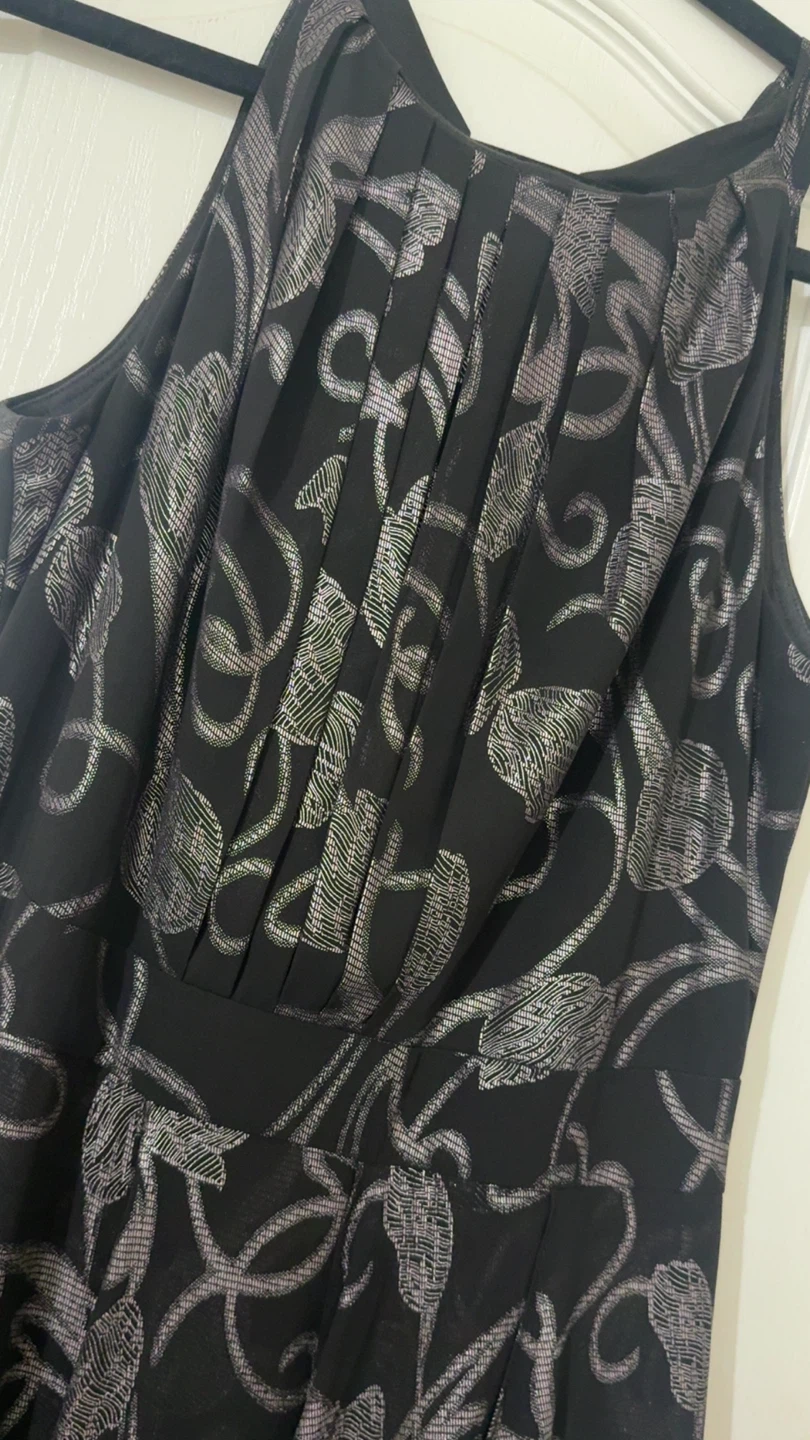 Black Sleeveless Dress with Metallic Leaf Print - photo 2