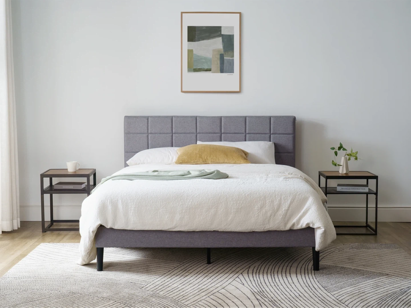Grey Fabric Upholstered Platform Bed Frame