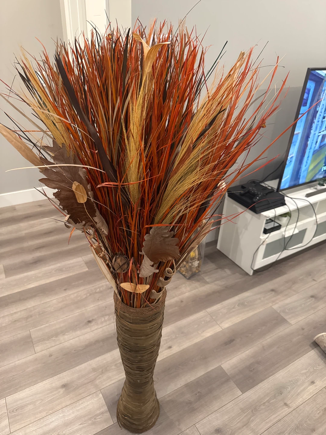 Tall Dried Grass and Feather Floral Arrangement
