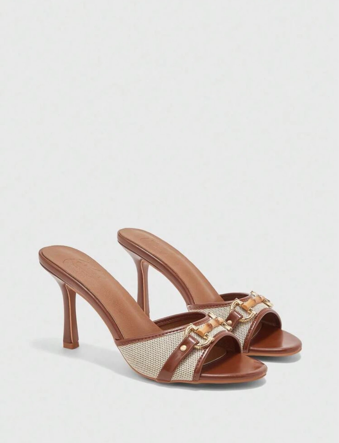 Brown and Tan Mules with Gold and Bamboo Buckle