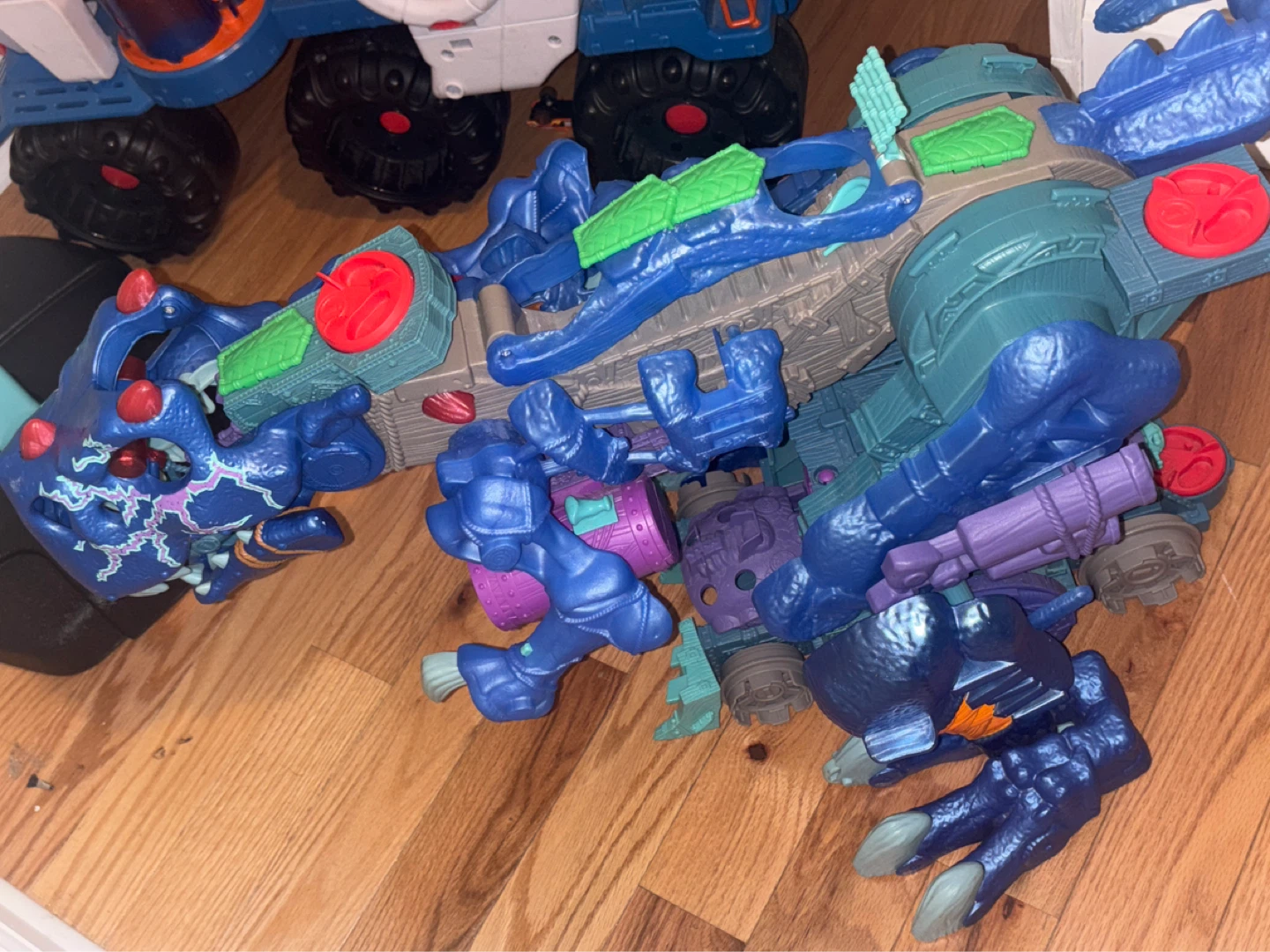 Kids Imaginext toys standing and moving trex and big truck