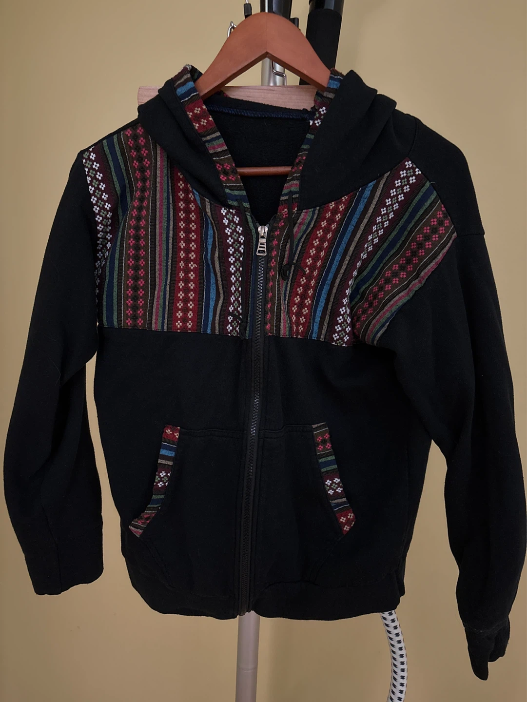 Black Zip-Up Hoodie with Tribal Pattern