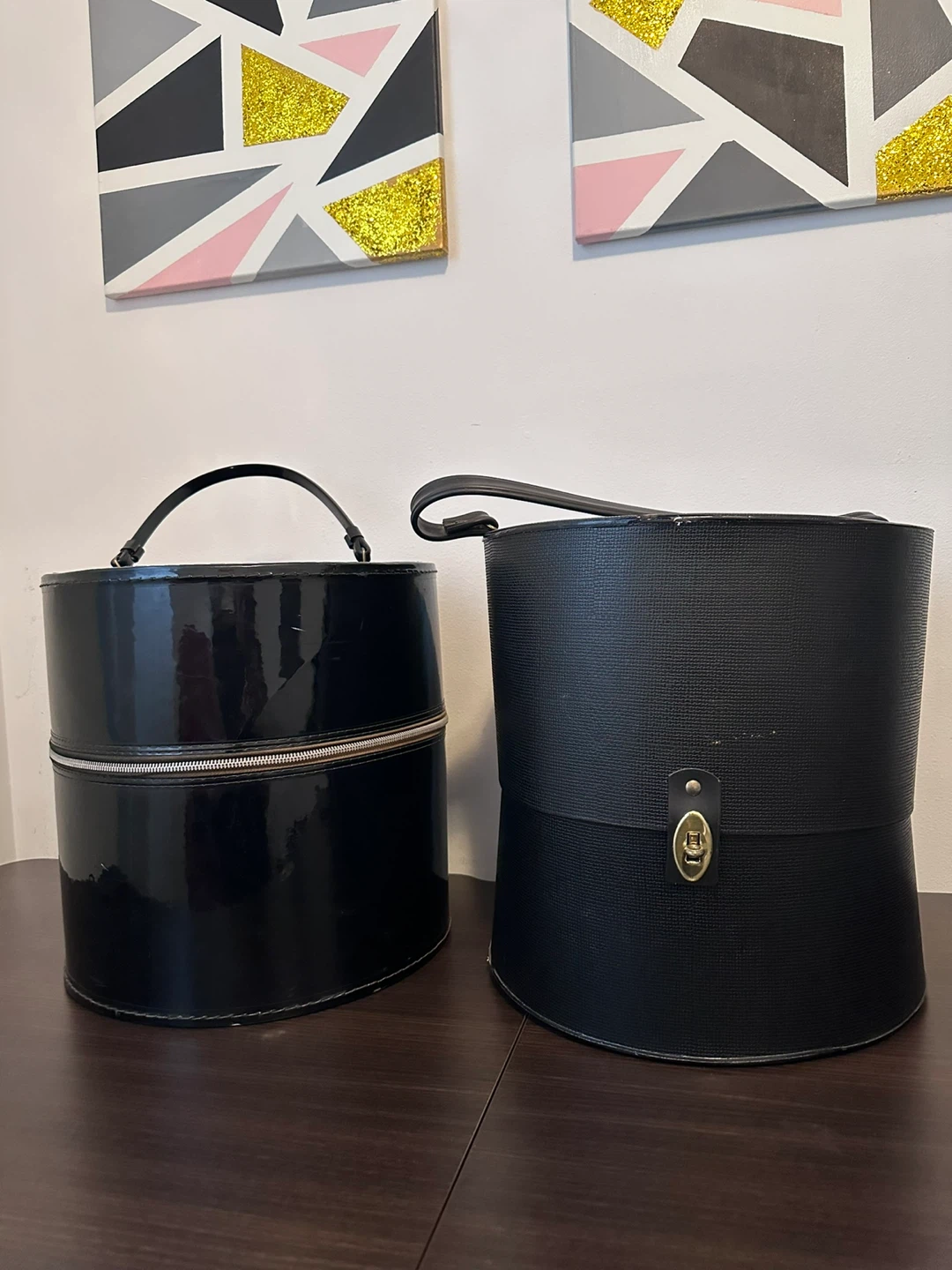Vintage Black Hat Boxes Black Set of Two