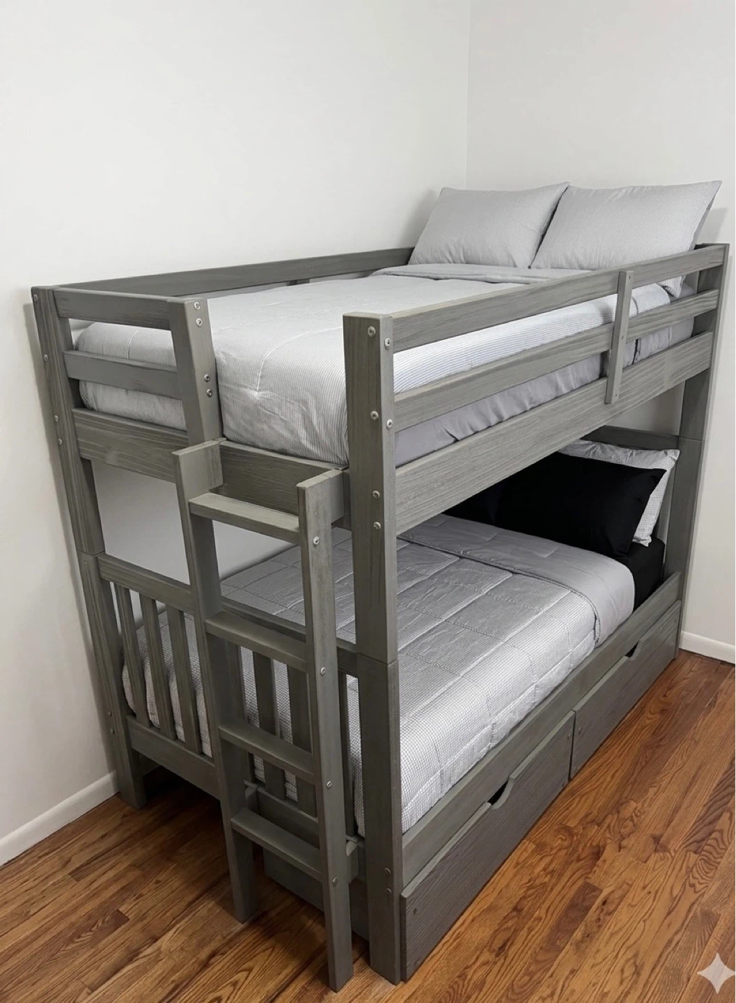 Gray Wooden Bunk Bed with Storage Drawers (Great Condition)
