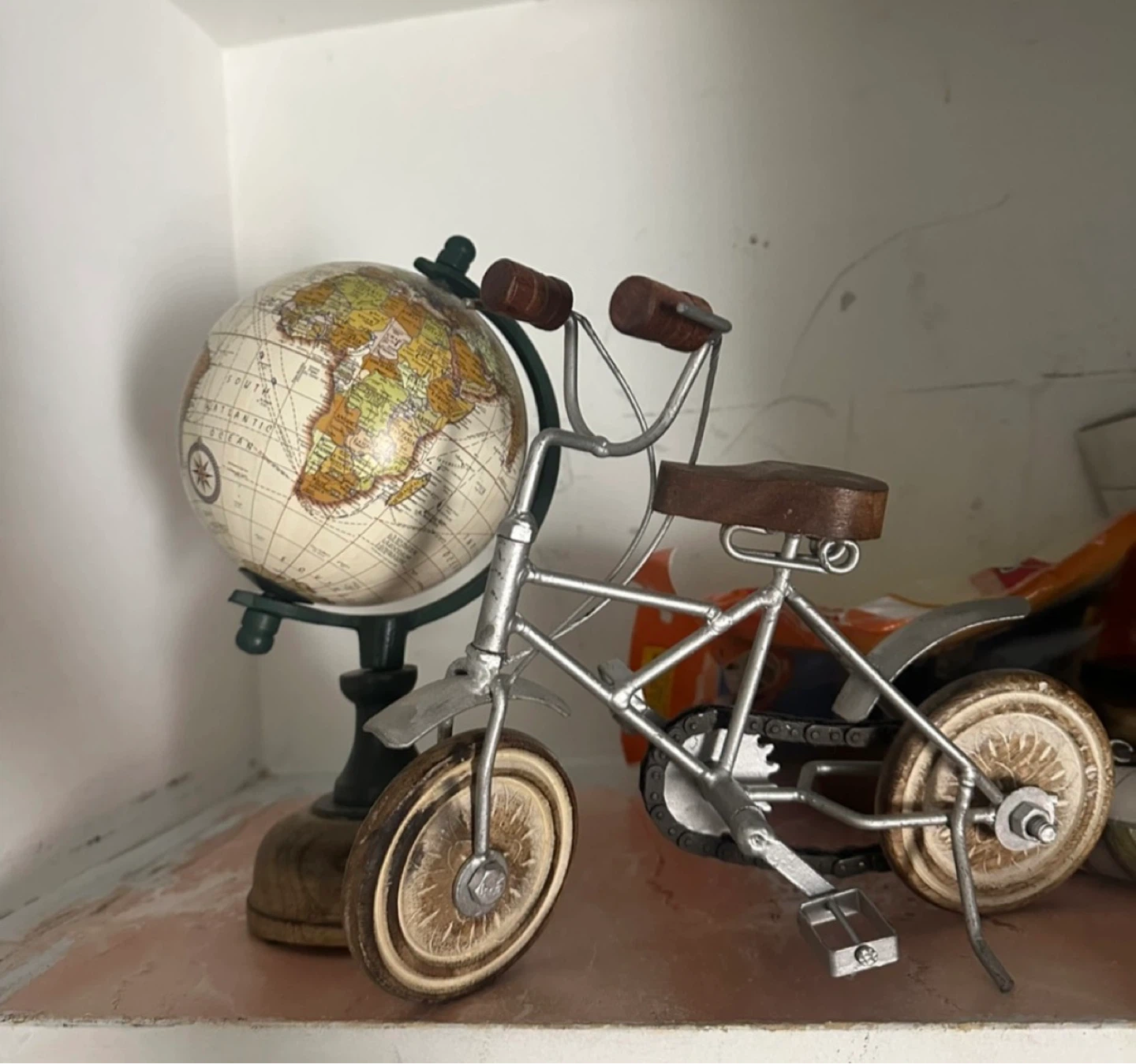 Decorative Metal Bicycle Figurine and Globe