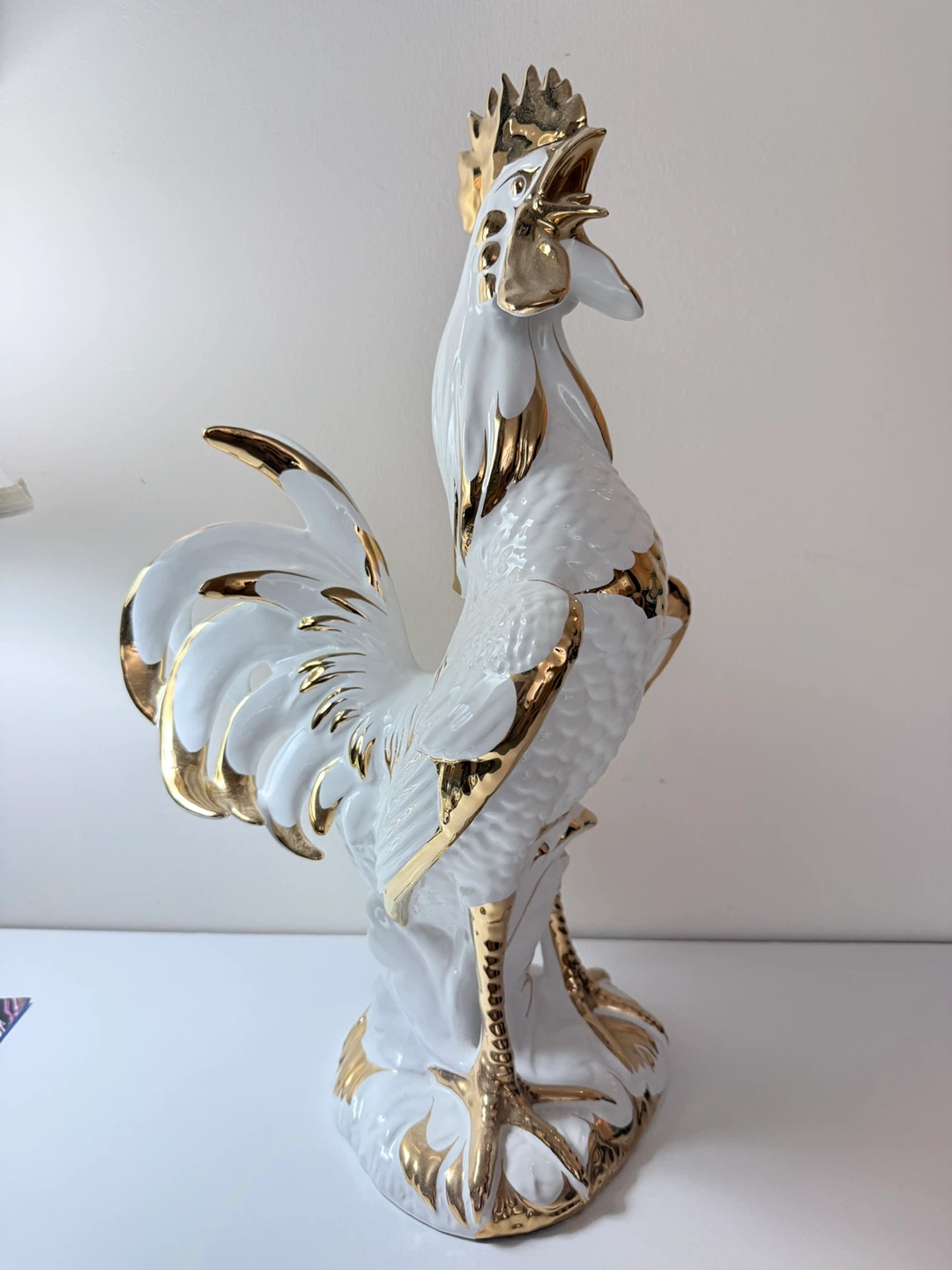 White and Gold Rooster Porcelain Figurine
