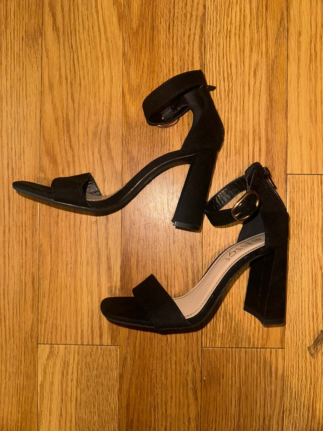 Black Suede Block Heel Sandals with Ankle Strap