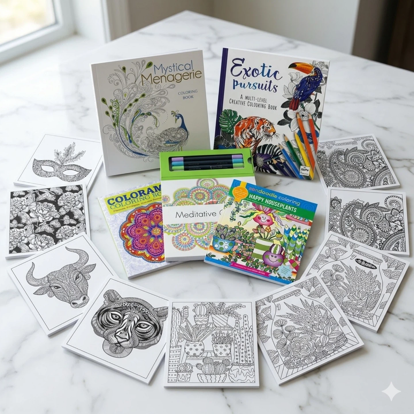 5 Adult Coloring Book Lot With Markers Zendoodle Art Therapy