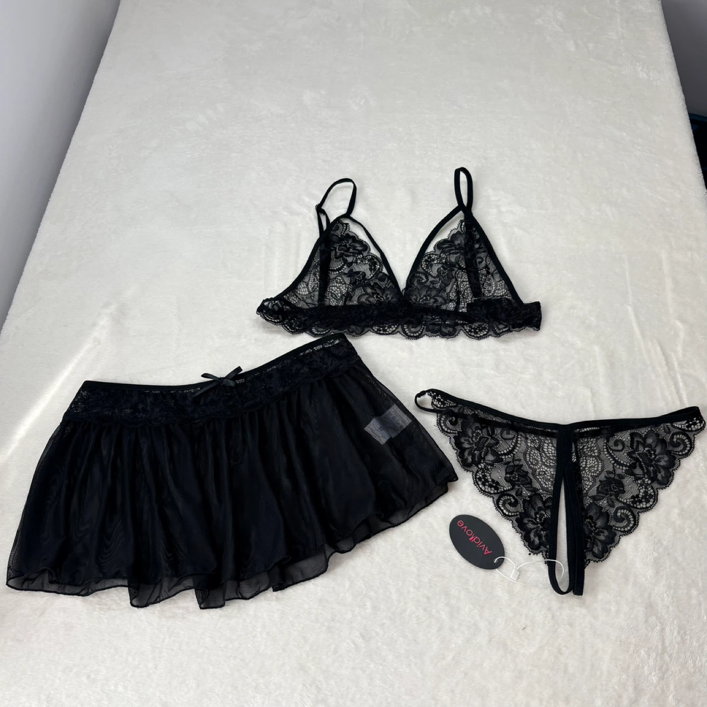 Avid Love 3 Piece Lingerie Set Lace Bra Panty Sheer Skirt Size M - photo 2