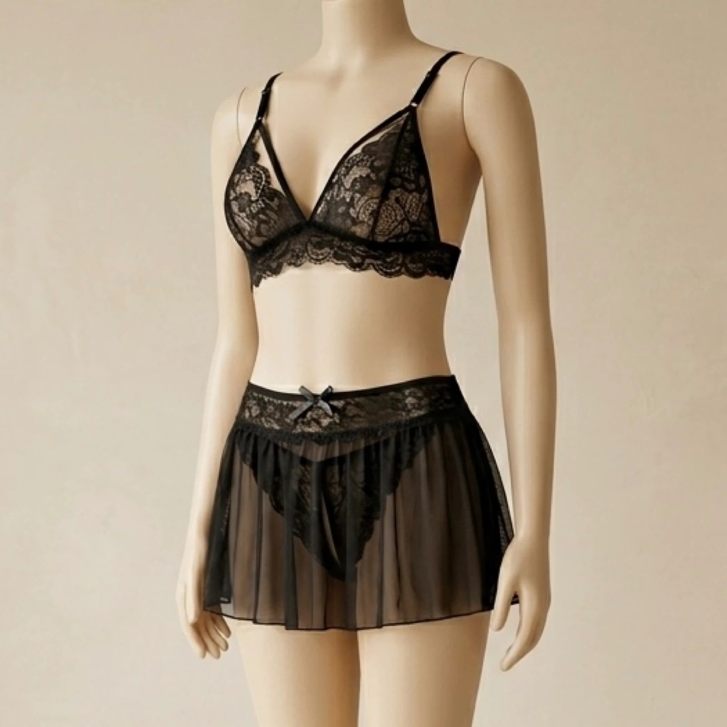Avid Love 3 Piece Lingerie Set Lace Bra Panty Sheer Skirt Size M