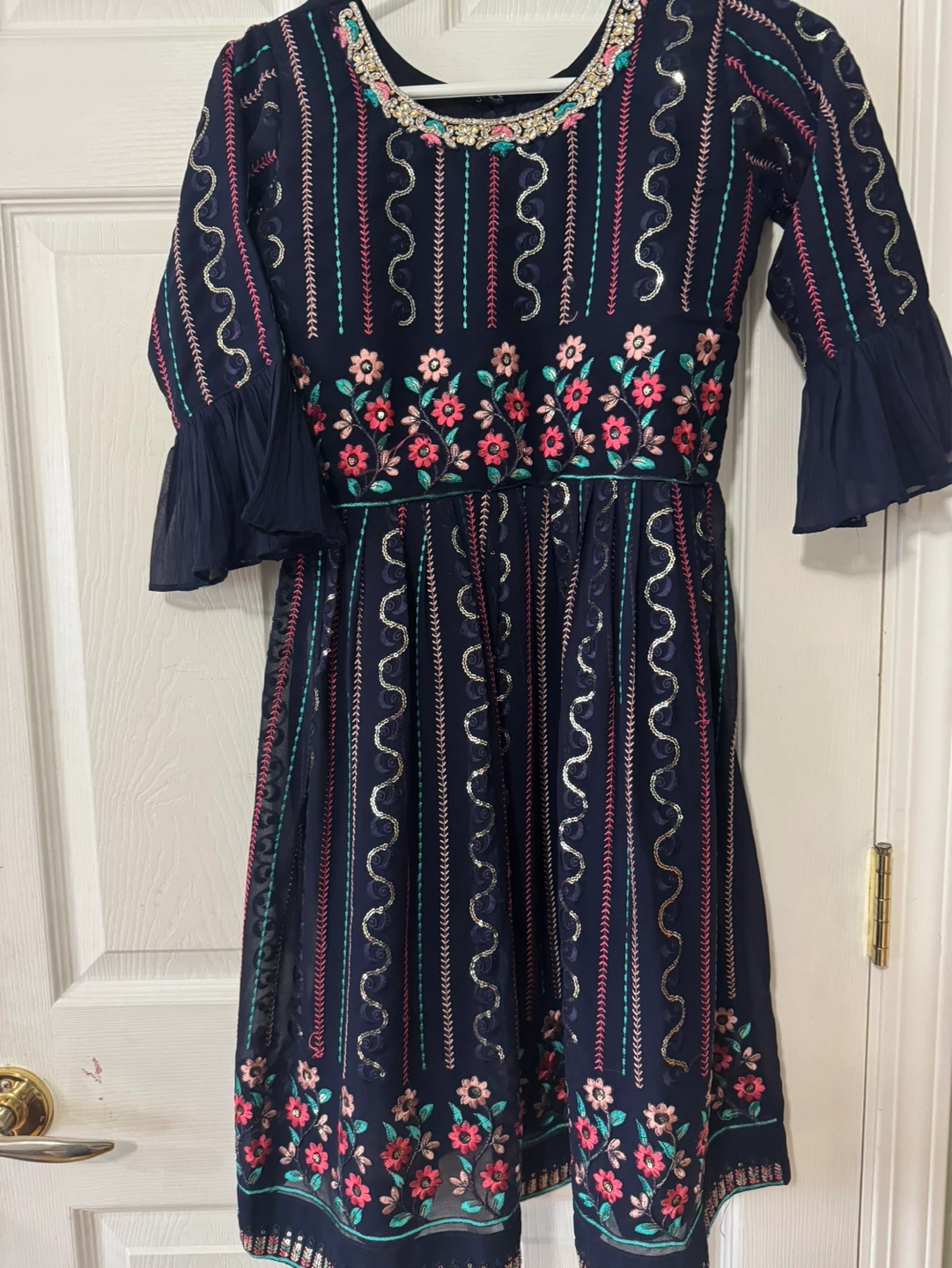 Girls Embroidered Kurti Set with Sharara Pants and Dupatta