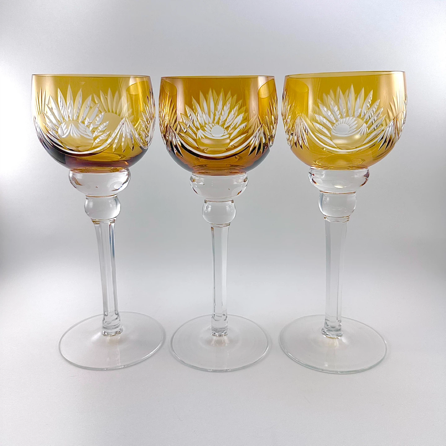 Set 3 fine bohemian amber crystal hock glasses