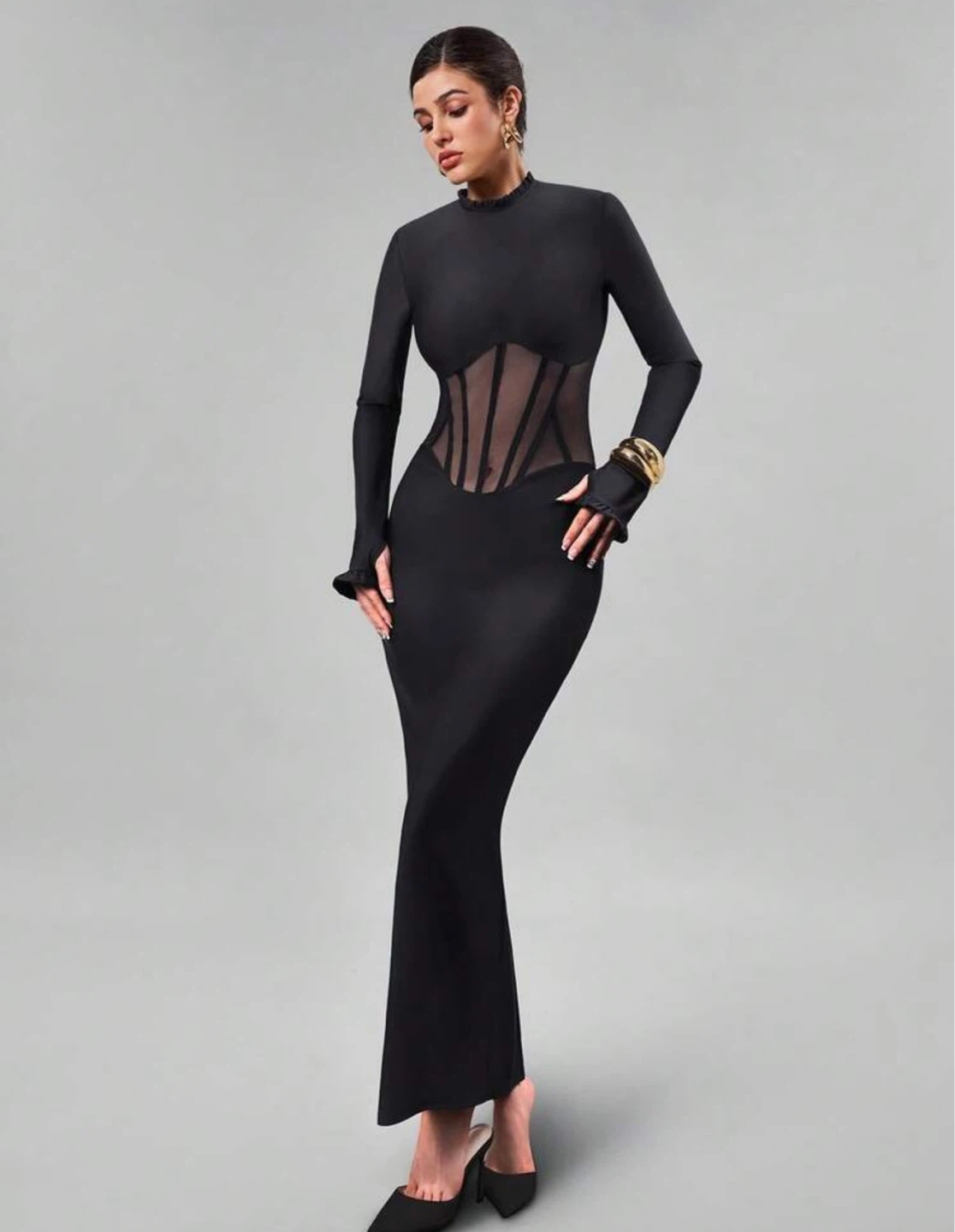 Women's Black Mesh Corset Long Sleeve Maxi Dress