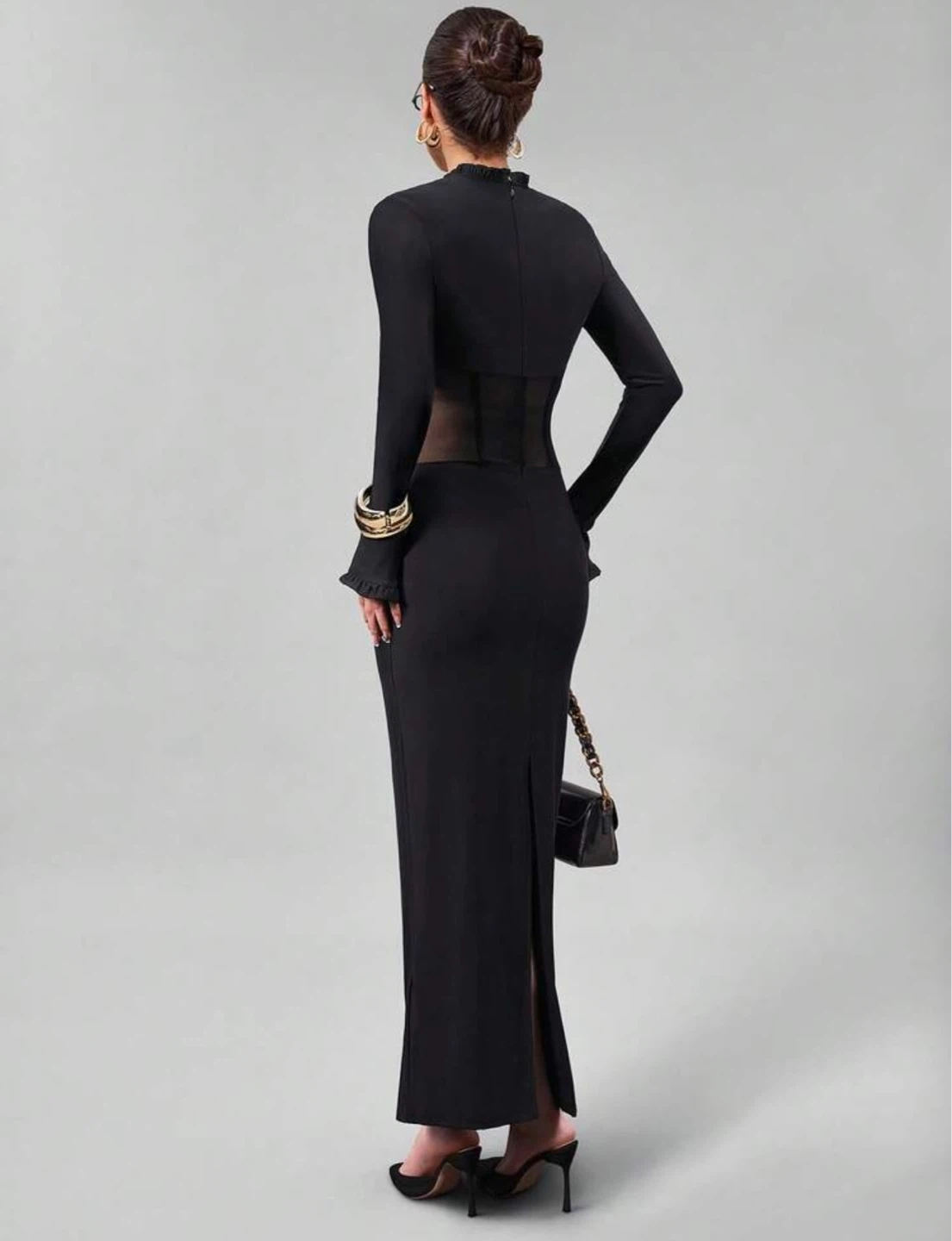 Women's Black Mesh Corset Long Sleeve Maxi Dress - photo 3
