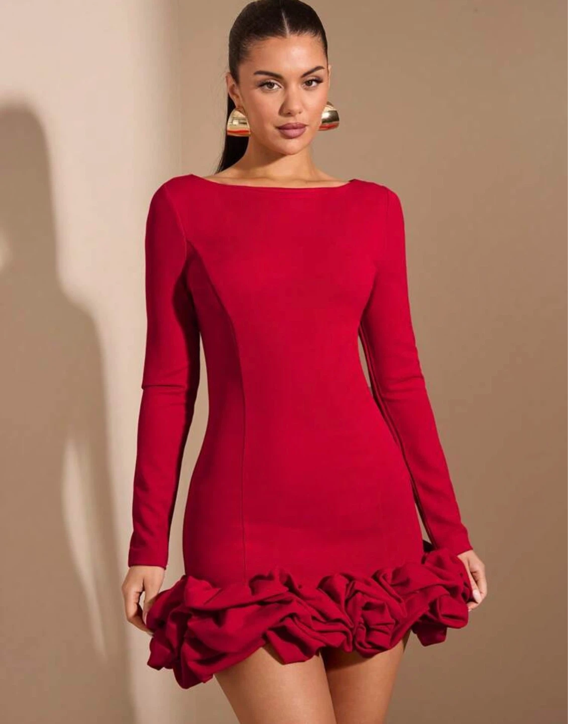 Red Long Sleeve Ruffle Hem Mini Dress - photo 3