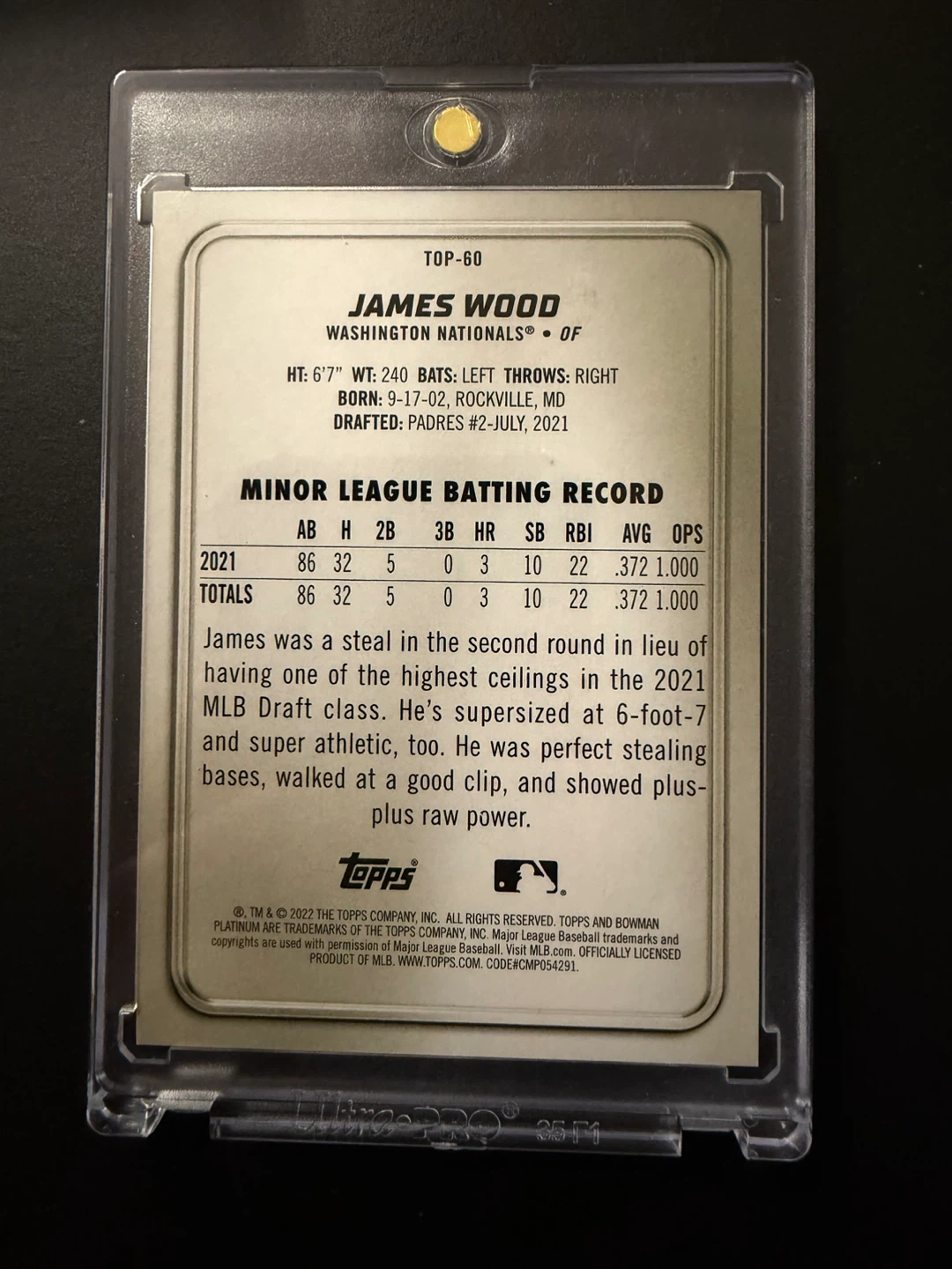 22’ Bowman Draft James Wood Baseball Card #272/299 - photo 2