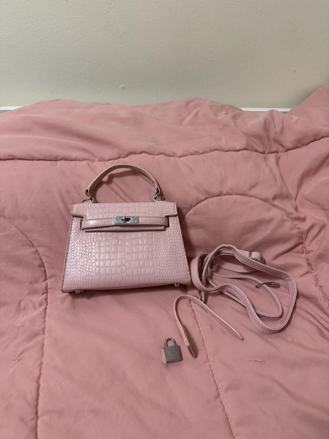 Pink Crocodile Embossed Mini Handbag with Strap
