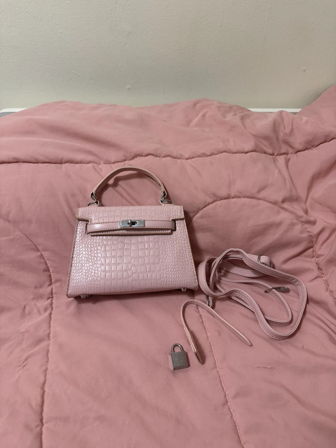 Pink Crocodile Embossed Mini Handbag with Strap - photo 2