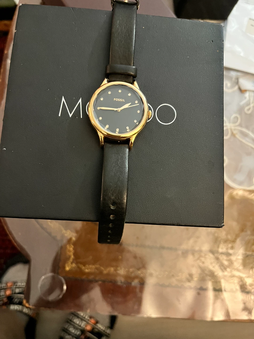 Fossil Watch - Black Leather Strap, Gold Tone, Crystal Accents