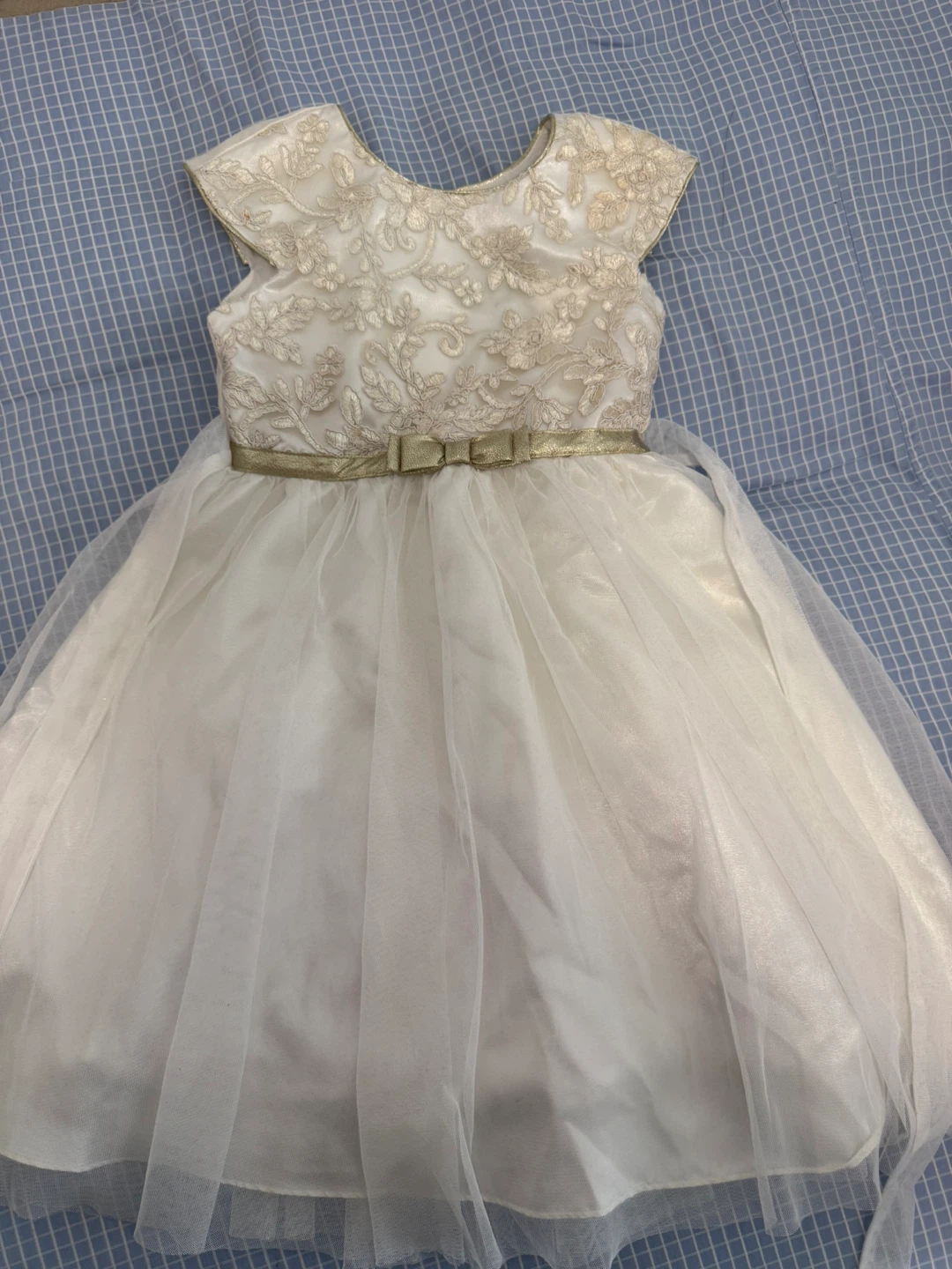 White Lace Flower Girl Dress with Gold Bow
