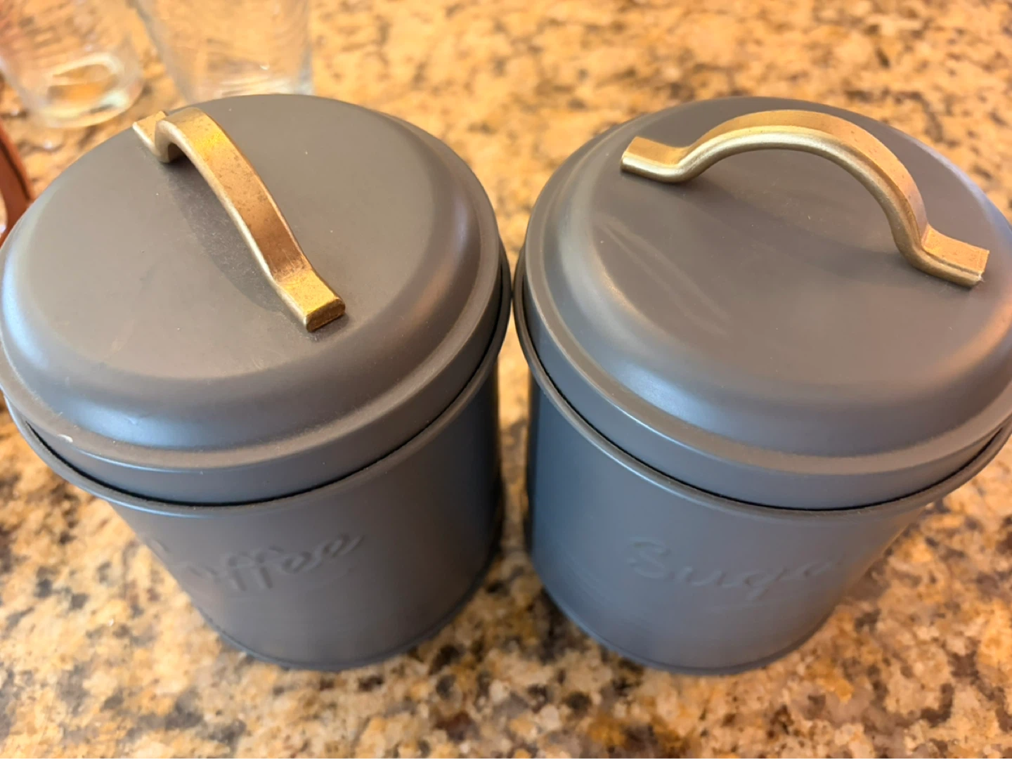 Set of 2 Grey Coffee and Sugar Canisters with Gold Handles