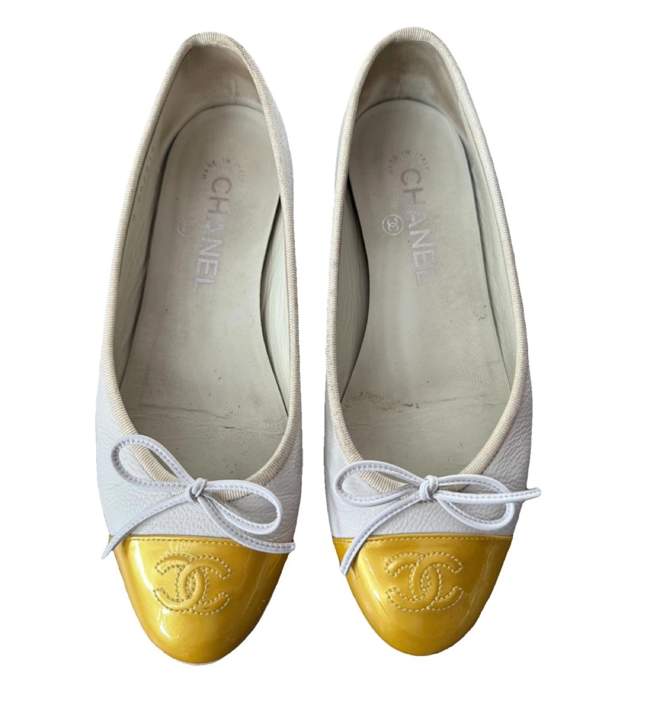 Authentic Chanel Ballet Flats White Yellow Cap Toe Bow Size 36.5