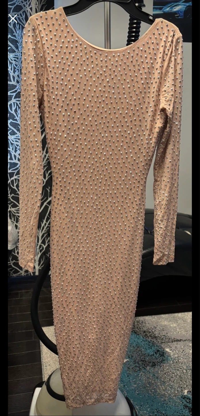 Nude Rhinestone Long Sleeve Ruched Midi Dress