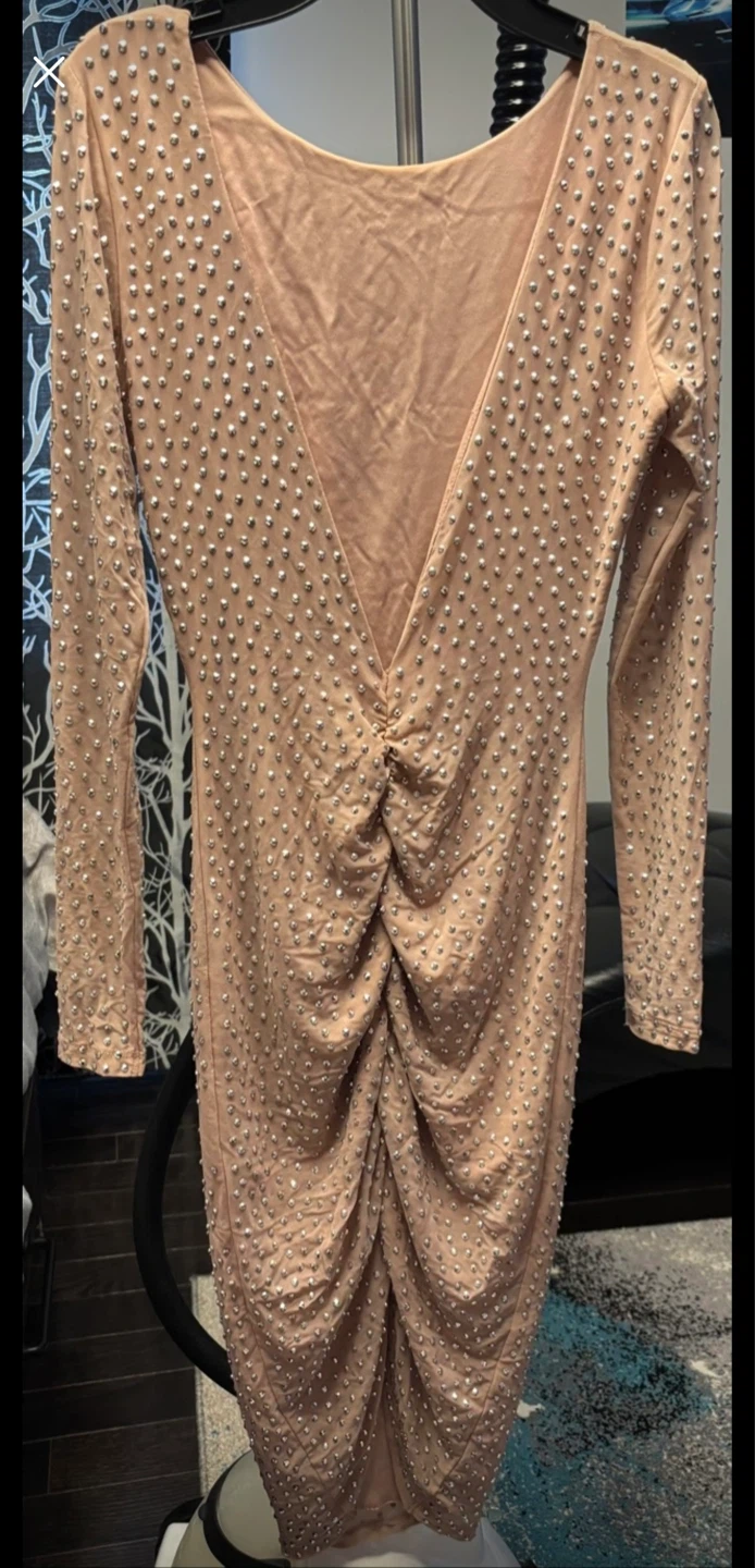 Nude Rhinestone Long Sleeve Ruched Midi Dress - photo 2