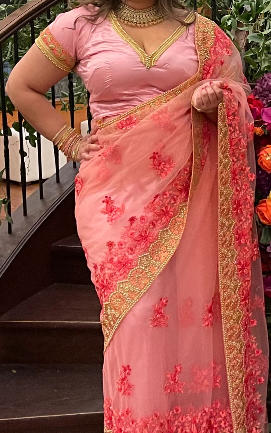 Ready-made Pink Embroidered Saree with Blouse