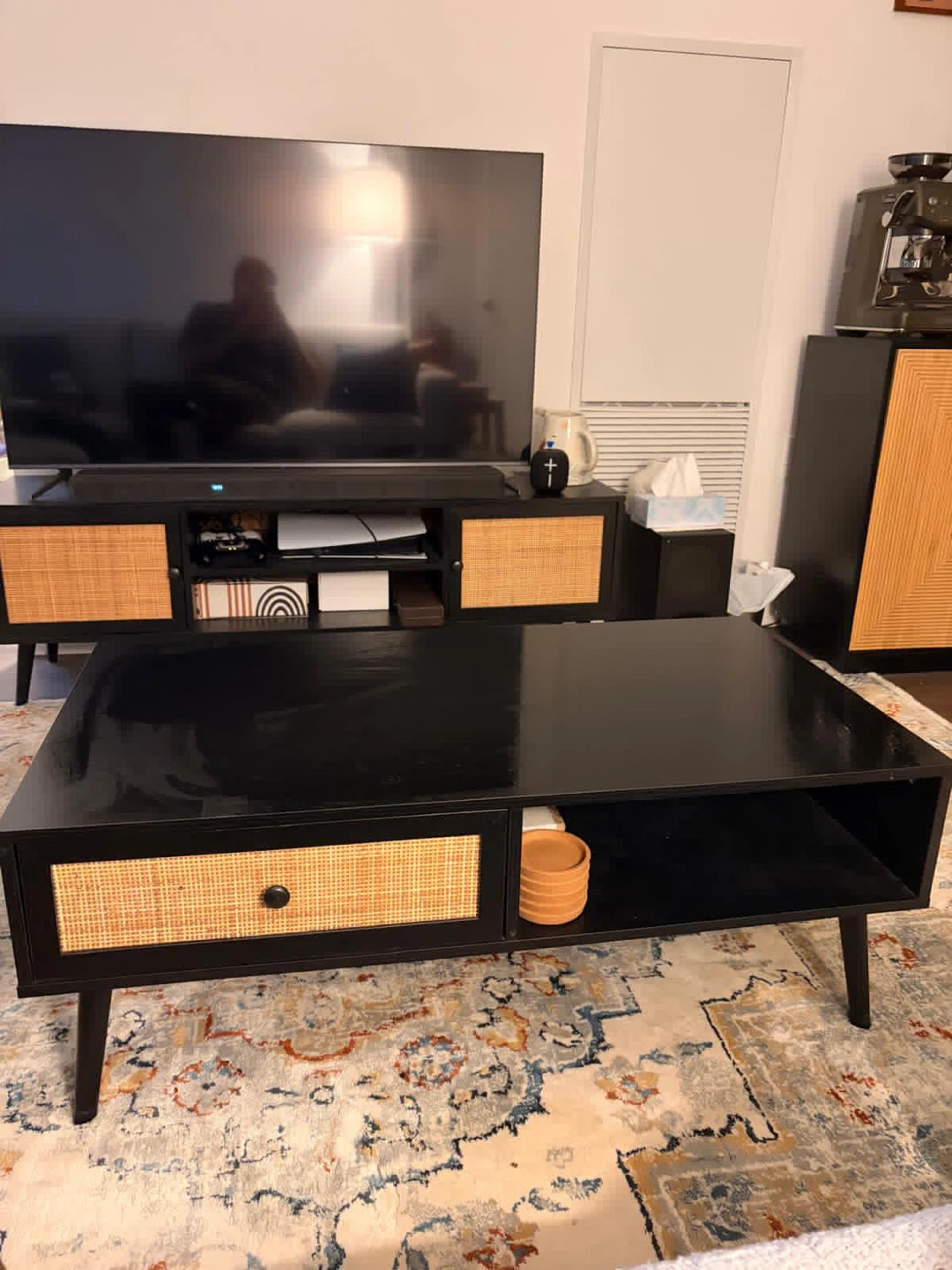 Black Coffee Table with Rattan Drawer and Storage - photo 2