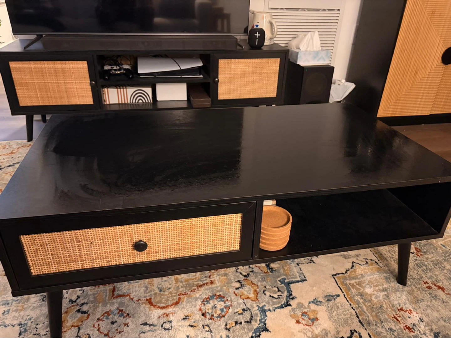 Black Coffee Table with Rattan Drawer and Storage