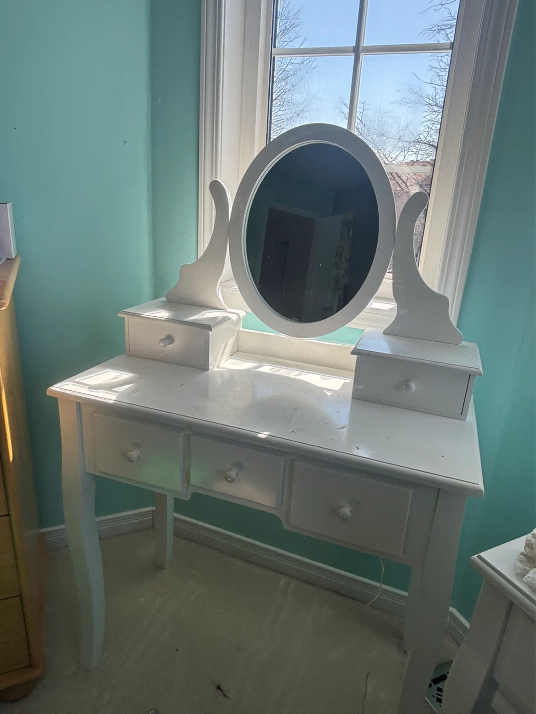 White Vanity Table with Oval Mirror