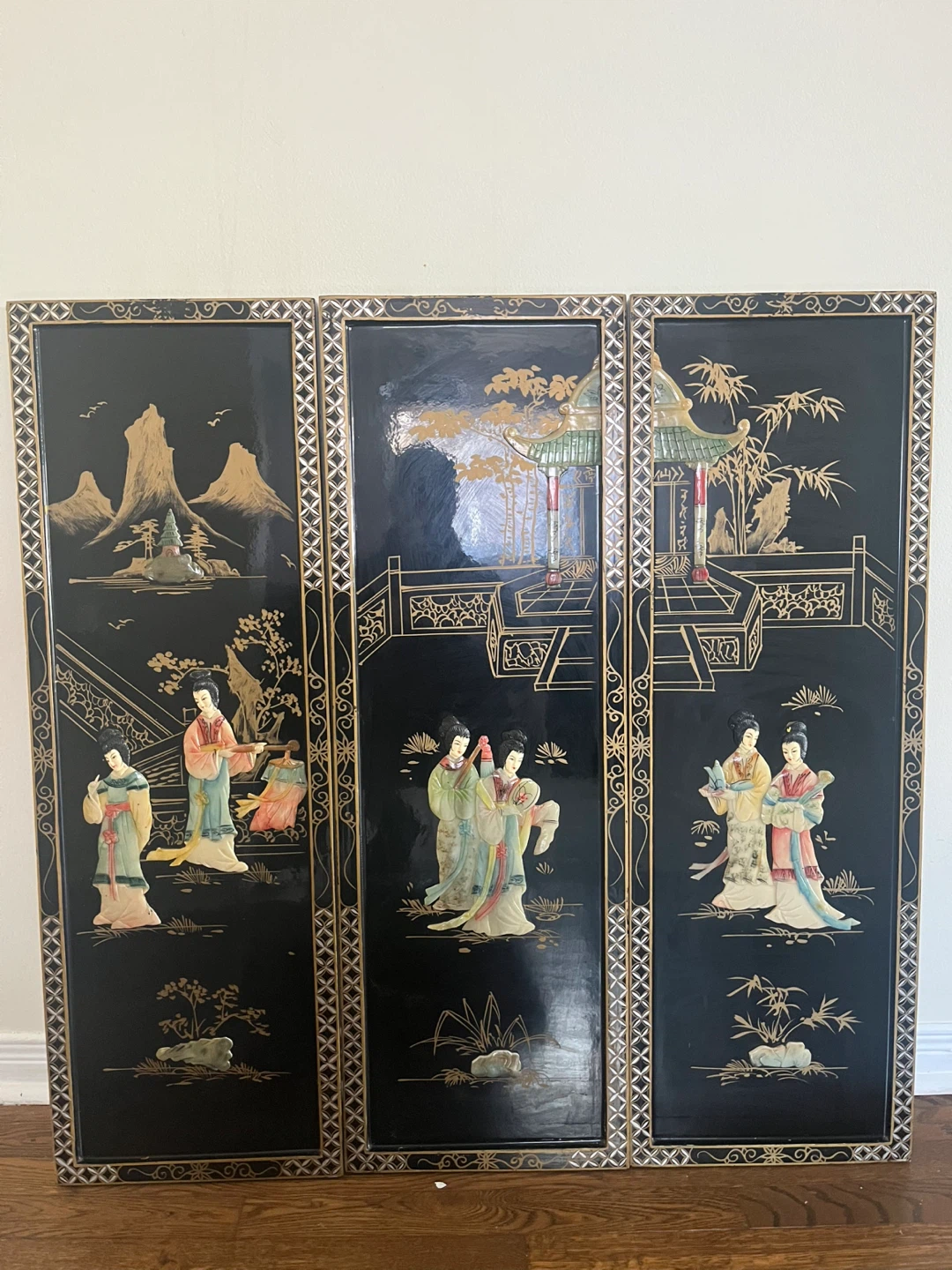 Vintage Black Lacquer 3-Panel Asian Screen