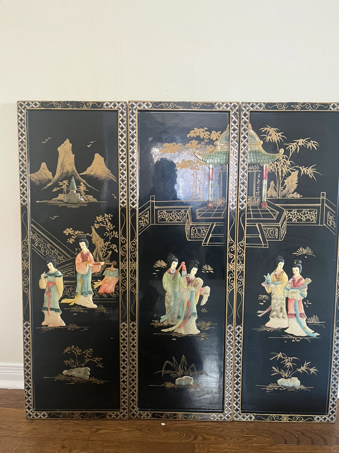 Vintage Black Lacquer 3-Panel Asian Screen - photo 4