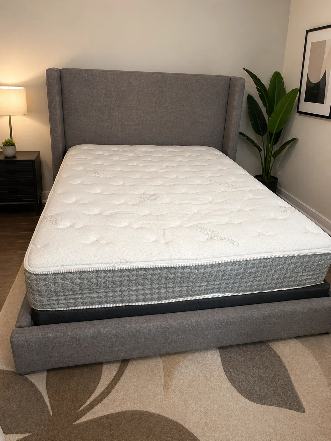 QUEEN SIZE GREY UPHOLSTERED BED FRAME + MATTRESS