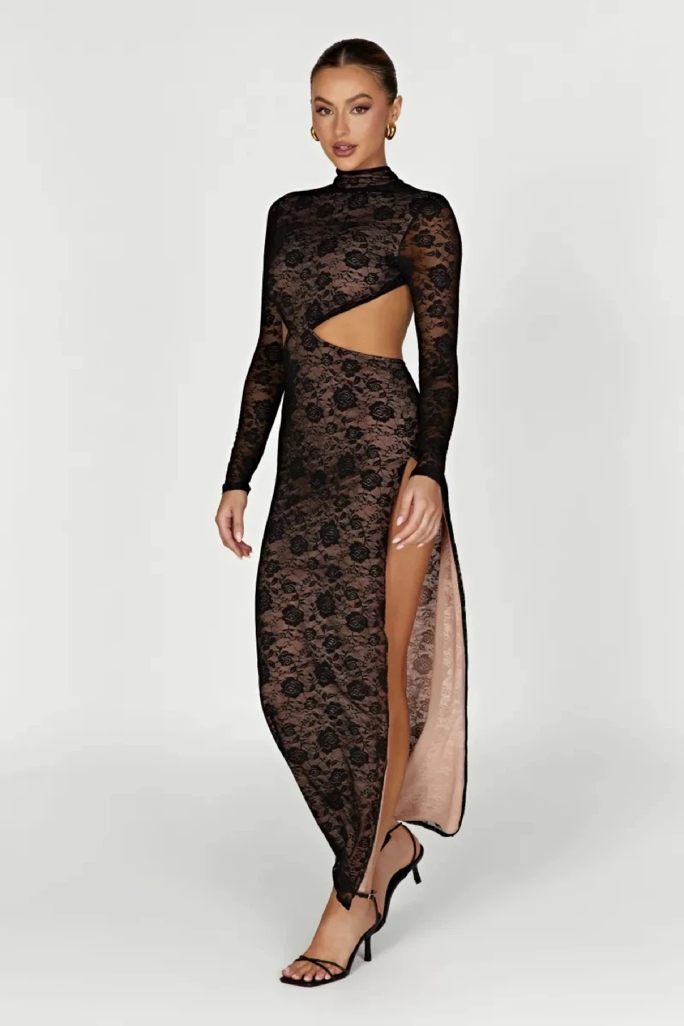 Meshki Callista Lace Long Sleeve Black Lace Cutout Maxi Dress - photo 5