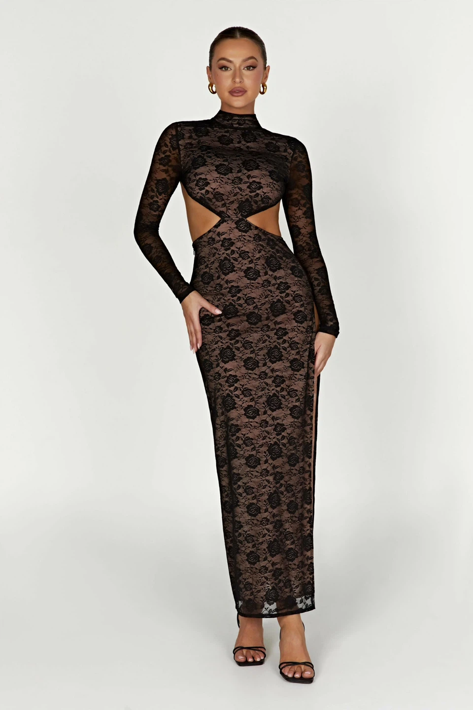 Meshki Callista Lace Long Sleeve Black Lace Cutout Maxi Dress